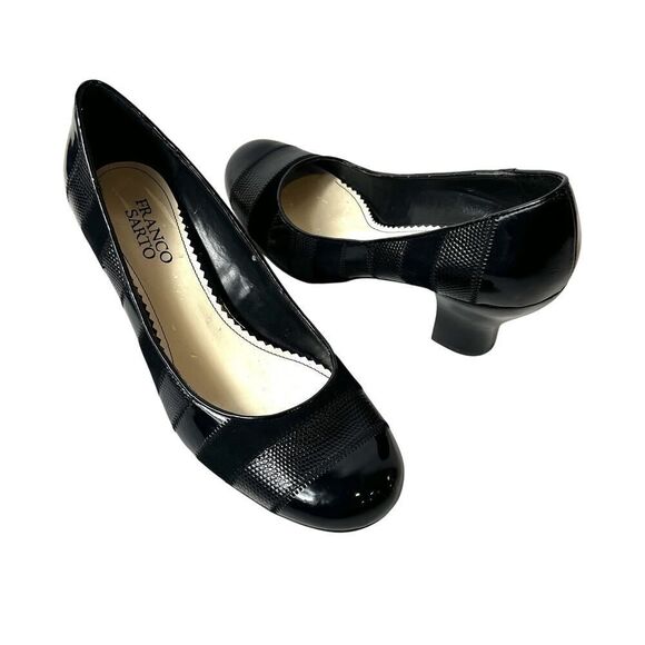 Franco Sarto Women 7.5M Black Textured Leather Pump Block Heel Round Toe Slip On - Picture 1 of 12